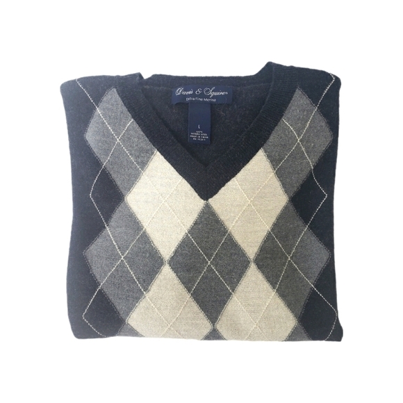 Davis & Squire Mens Extra Fine Merino Wool V-Neck Argyle print Sweater Size L - Picture 2 of 4
